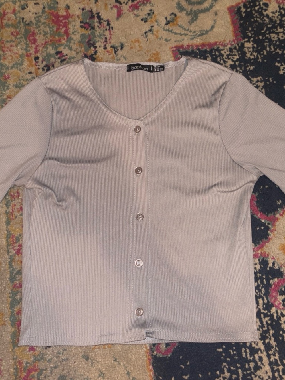 Boohoo Light Gray Ribbed V-Neck Button Cardigan